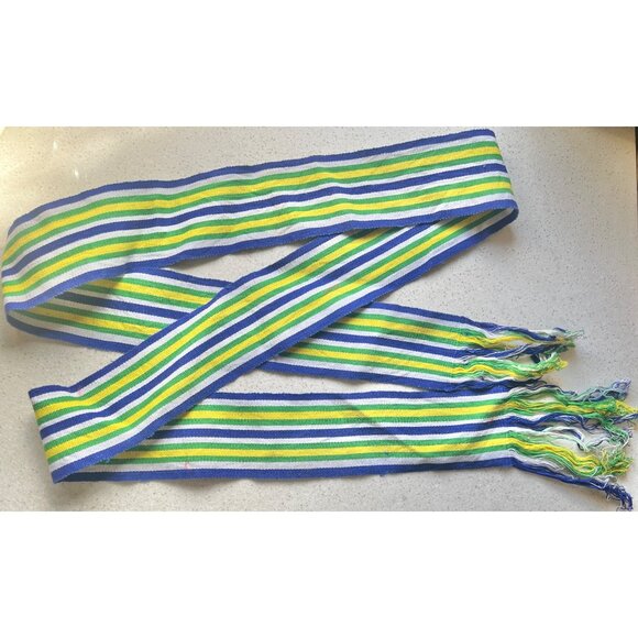 Guatemalan Belt Sash Multi Color Striped Handwoven 82x3 blue white green yellow - Picture 2 of 5